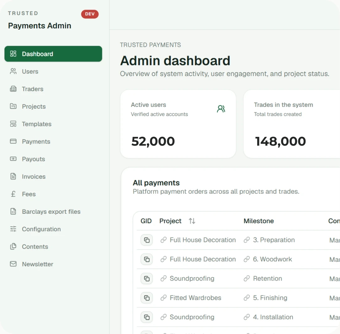 Trusted Payments admin dashboard