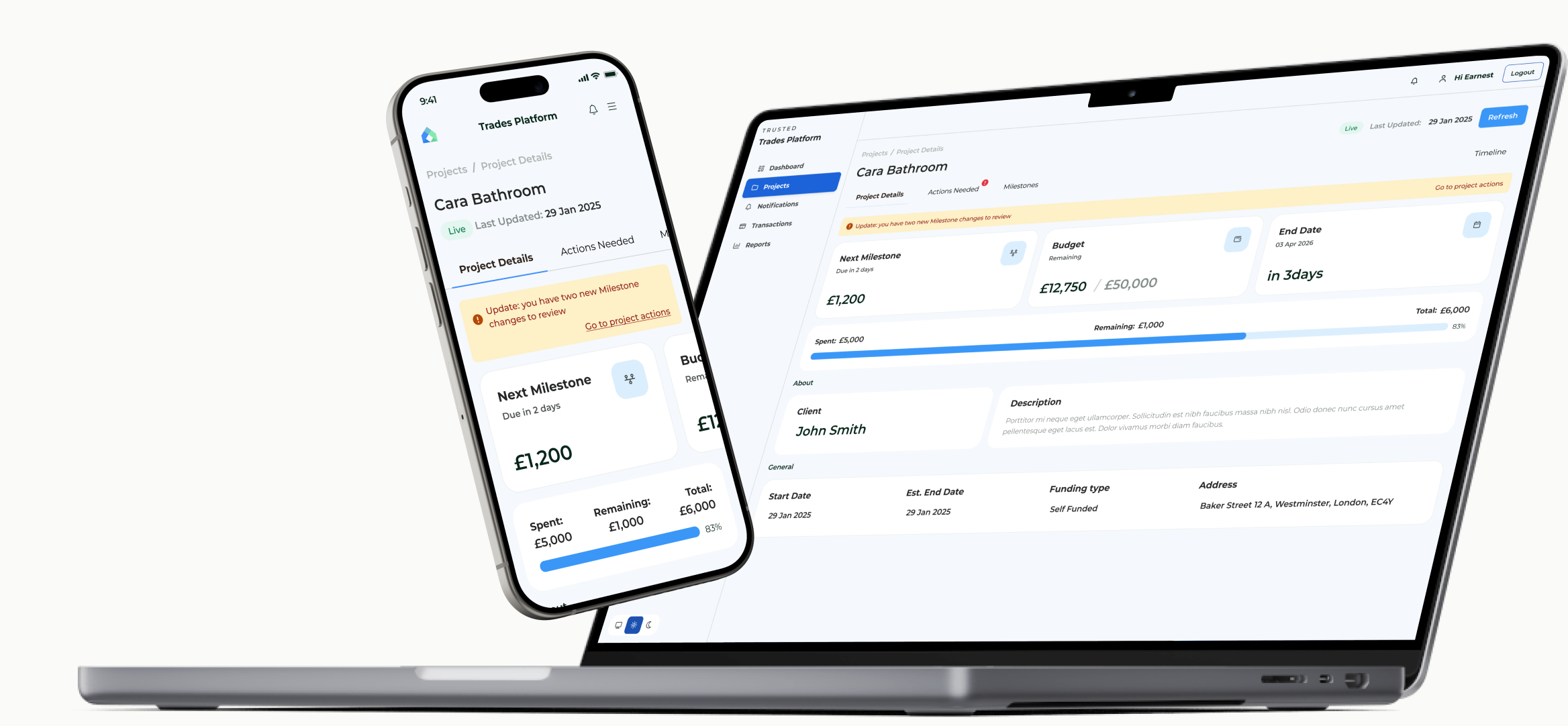 Trusted Payments project dashboard shown on desktop and mobile