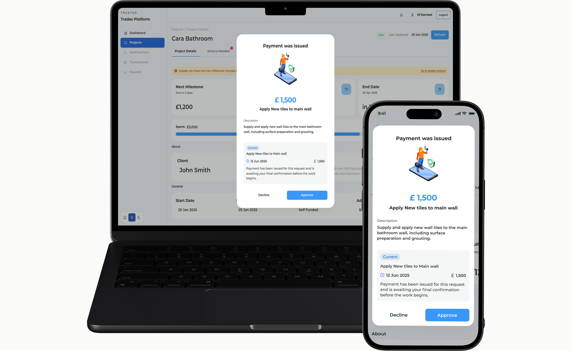 Milestone payment confirmation shown on laptop and phone