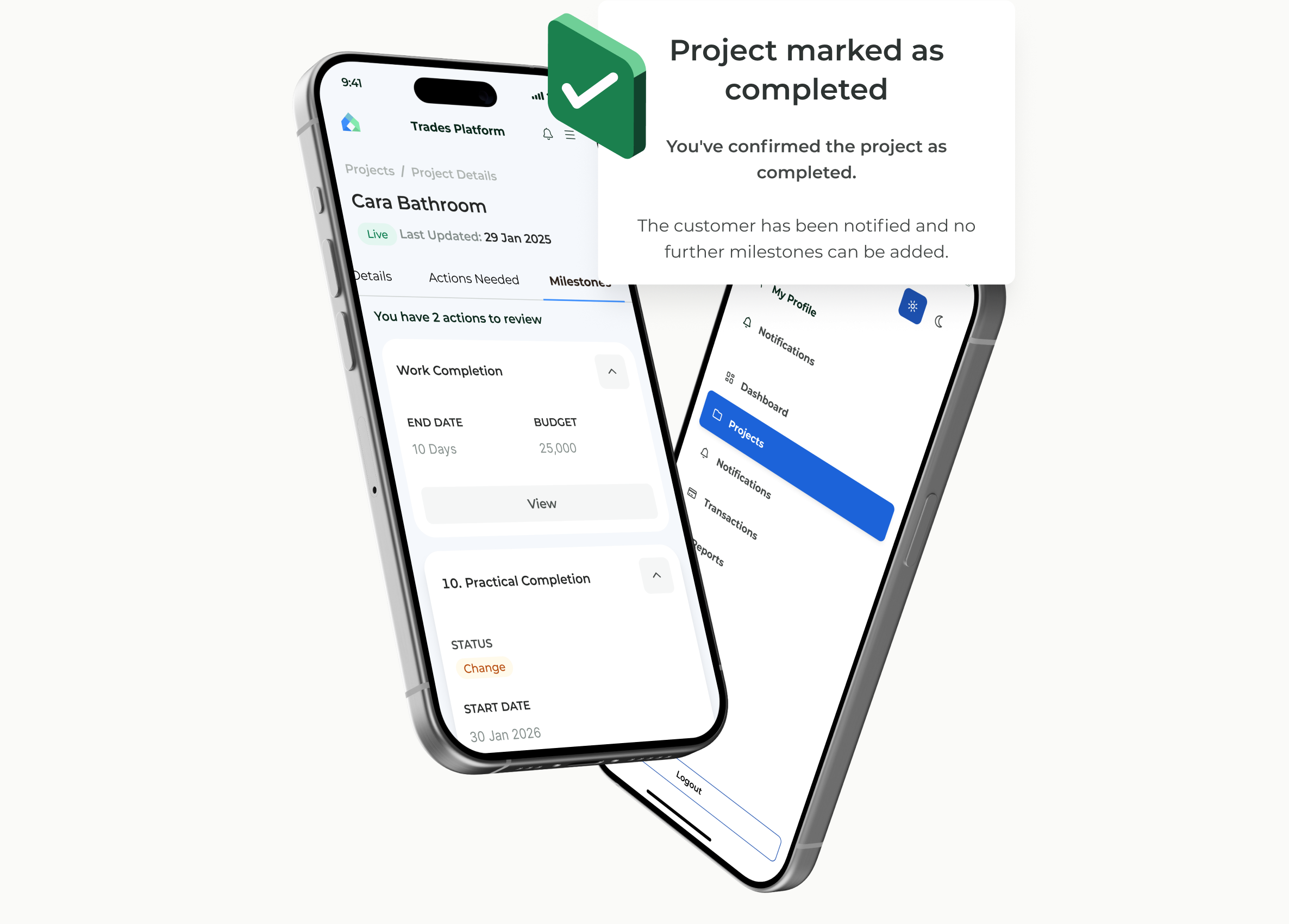 Project marked as completed notification shown on phones